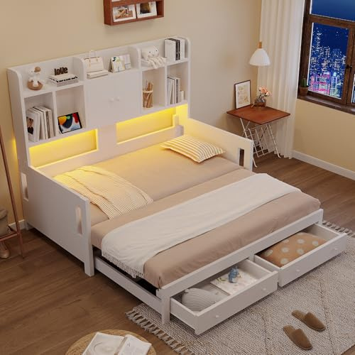 Azkoeesy Sofá cama extraíble de 190 x 90 (180) cm, 2 cajones, mueble colgante con estantes abiertos y 2 puertas, luces LED y enchufe eléctrico, convertible en cama de matrimonio (blanco)
