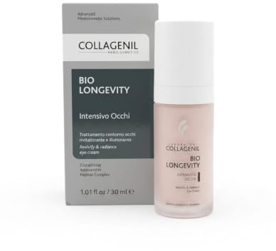 Collagenil Bio Longevity Intensivo Occhi, Trattamento Concentrato Multi-Attivo Contorno Occhi, Biostimolante, Effetto Rivitalizzante, Contro Sguardo Stanco, Gonfiore, Occhiaie, Borse e Rughe, 30ml