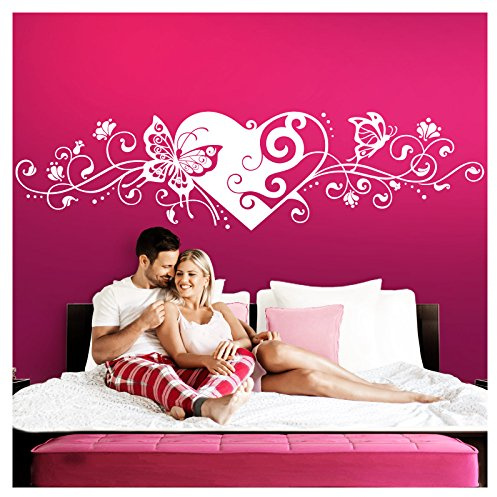 Grandora Wandtattoo Blumenranke Herz selbstklebend I weiß 150 x 38 cm I Schlafzimmer Liebe Love Schmetterlinge Wandtatoo Wandaufkleber Wandsticker W642