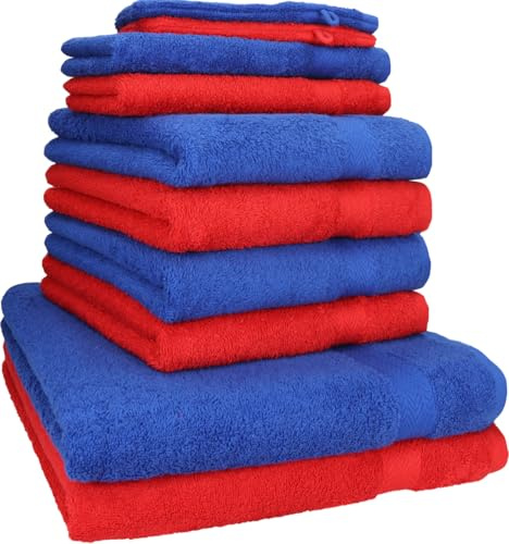 Betz 10-TLG. Handtuch-Set Premium 100% Baumwolle 2 Duschtücher 4 Handtücher 2 Gästetücher 2 Waschhandschuhe Farbe Royal Blau & Rot