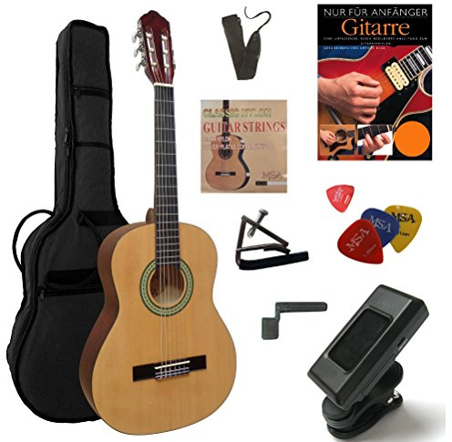 3/4 KONZERTGITARRE - LERNINSTRUMENT - CLASSIC NATUR HOCHGLANZ - DECKE LINDE - 10 TEILIGES STARTER SET ! - LERNBUCH + CD - STIMMGERÄT - KAPO - KURBEL - PIK - u.v.m