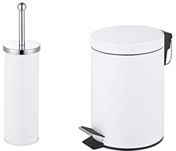 iTrend 3L Pedal Dustbin and Toilet Brush with Holder set - Bathroom Accessory - Powder Coated Steel Bin with lid - Toilet Brush with Stainless Steel Handle, Round Lid and Dense Bristles - White