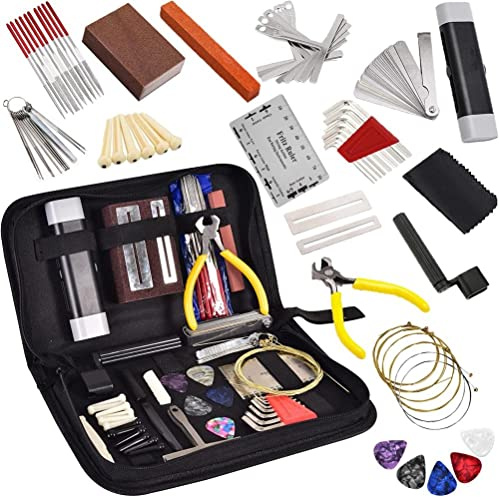 Cricia 72-teiliges Gitarren-Werkzeug-Set, Gitarren-Reparatur-Werkzeug-Set mit Tragetasche, Pflegeset mit Werkzeugen Akustikgitarre, E-Gitarre, Ukulele, Bass, Banjo, Musik