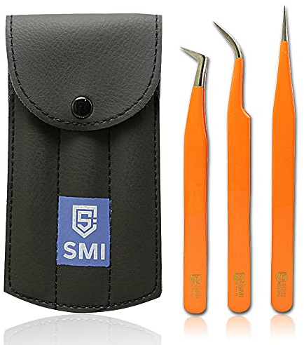 SMI 3-teiliges Wimpernpinzette Set, Gebogen & Gerade, Spitz und Faserspitze für Wimpernverlängerung, Wimpern pinzette fur 3D & 6D Volumen, Edelstahl, Orange, inkl. Etui