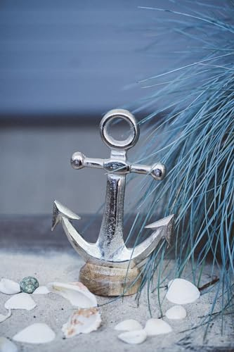 Metall Skulptur mit Holz-Fuß Silber-braun Anker 16 x 25cm Dekofigur Tisch-Deko Maritim Mediterran Meeresdeko