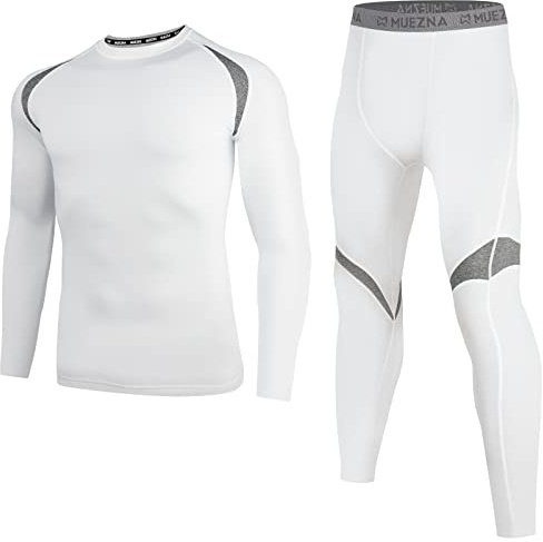 Muezna Ensemble de sous-vêtements thermiques pour homme - Sous-vêtement haut et bas - Couche de base doublée en polaire douce, blanc, S