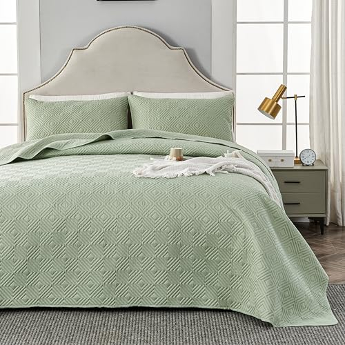 Qucover copriletto trapuntato king size 3 pezzi verde traspirante motivo geometrico 3D ad ultrasuoni leggero estivo con federe, 240 x 260 cm