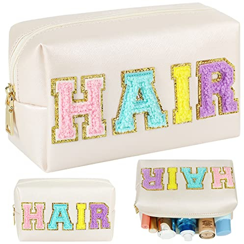 JOINDO Preppy Patch Makeup Bag, Chenille HAIR Letter Cosmetic Bag,PU Leather Skincare Toiletry Bag, Portable Makeup Bag with Varsity Letter Patches, Travel Organizer Bag for Women Girls (White)