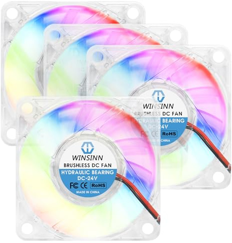 WINSINN 60mm RGB Fan 24V, LED Colorful Micro 24 Volt Fans 6010 Hydraulic Bearing, Brushless Cooling 60x10mm 2PIN, Works with 3D Printer/Computer/Notebook/PC Case/Router/TV Box (Pack of 4Pcs)