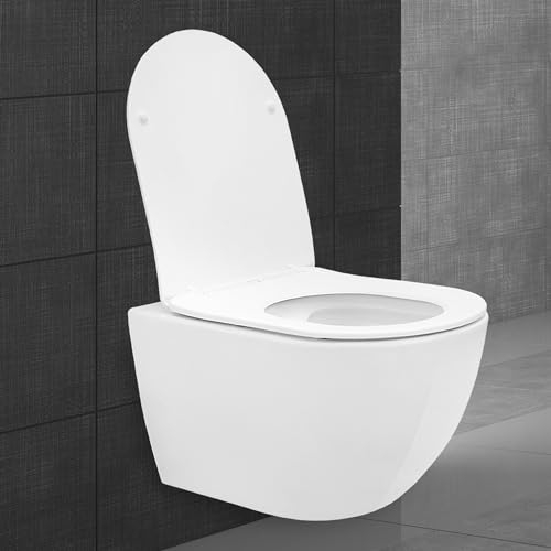 ECD Germany WC Suspendu sans Rebord Long 54 cm Blanc Mat, en Céramique Effet Lotus, Revêtement Nano, avec Siège Amovible en Duroplast Softclose, Toilette Murale Cuvette à Chasse d'eau Profonde