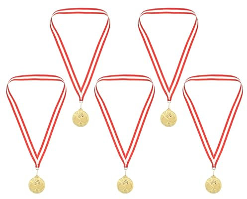 PATIKIL 2.5 Gold Tischtennis Medaillen 5 Pack Tischtennis Preis Medaillen mit Band Rot Weiß für Spiele Sportliche Wettkämpfe