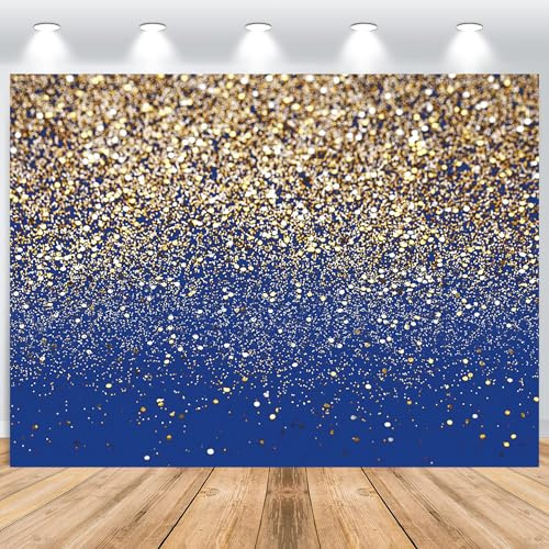 ASDCXZ Blue Gold Photo Backdrop 8x6FT, Golden Glitter Particles Blue Dream Photography Background for Birthday Baby Shower Wedding Graduation Ball Party Table Cake Decoration Banner Photo Props