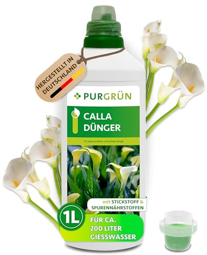 Purgrün® Calla-Dünger 1 Liter – Spurennährstoffe für intensive Blüten – Extra Kalium fördert die Widerstandskraft – Ergiebiges Konzentrat für 200 Liter Gießwasser – Premium-Flüssigdünger