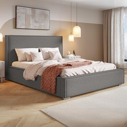 MOTIVENA Arizona Bett 180x200 Grau Boucle, mit Stauraum, mit Kopfteil, mit Lattenrost, mit Füßen, ohne Matratze, Polsterbett 180x200 mit Bettkasten Grau (Anthrazit)