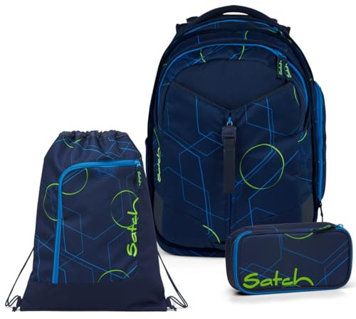 Satch Match Schulrucksack Set 3tlg. inkl. Schlamperbox und Sportbeutel (Blue Tech)