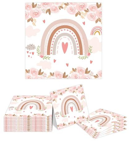 Kotkiddy 20 Stück Boho Regenbogen Servietten, Taufe Blumen Papierservietten für Babyparty Hochzeit 33 x 33 cm