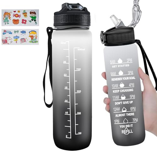 AOOABO TECH 1 Litre Water Bottle with Straw, Motivational Water Bottle with Time Marker, Leak-Proof, Tritan BPA-Free,Sports Drinks Bottle for Fitness, School, Gym, Outdoor Sports (Black+Grey)