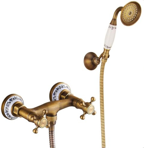 Rubinetto Vasca Da Bagno Miscelatore Vasca Da Bagno Ottone Due Maniglie Antico Vintage Stile, Rubinetto Doccia Da Muro Con Doccetta E Flessibile Doccia Da 1,5 M, Bronzo