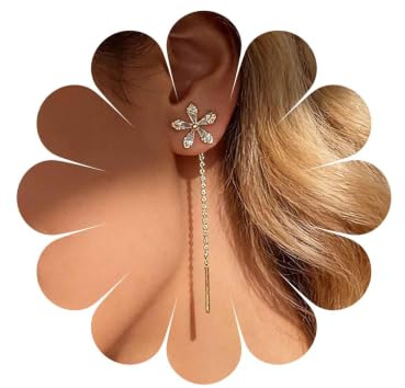 Katshdan Boucles Fil d’Oreille Dorées Femme Fleur Strass,Bijou Floral Long | Paire de boucles fil d’oreille en alliage doré avec fleur à cinq pétales ornée de strass et chaîne fine.Adaptées au quotidien