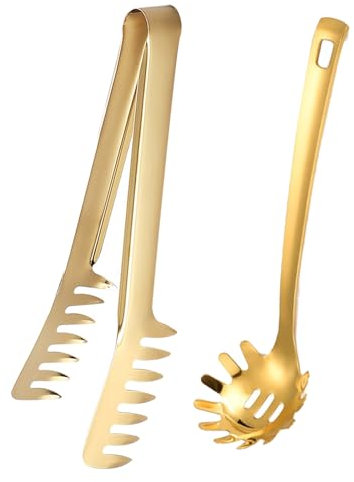 Spaghettilöffel,Minging 2 Stück Nudelkelle Edelstahl Nudelzange mit Ergonomischen Griff Spaghettizange Nudelzange Spaghetti Server Set Spaghetti Küchenhelfer Spaghettilöffel Nudellöffel (Gold)