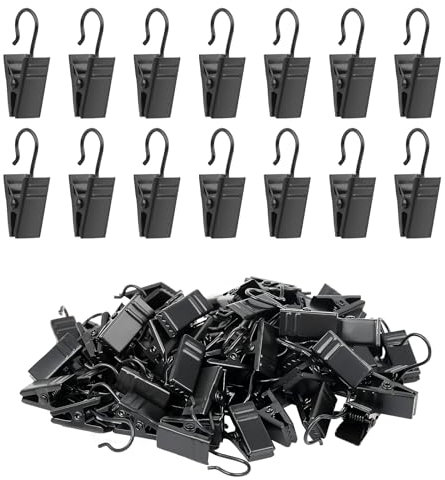 Manysky Curtain Clips Hooks, 100 Pack Stainless Iron Drapery Hooks Clips for Hanging Party String Lights Christmas Courtyards Decoration, Art Craft Display, Gutter Tent Camper Awning Hangers, Black