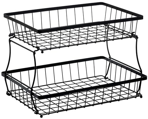 HOSY 2-stöckiger Obstkorb aus Metall, 43 cm rechteckig, schwarz, stehend | Ganzmetall, abnehmbares Design, werkzeuglose Montage, vielseitiger Küchen-Arbeitsplatten-Organizer, Gemüse, Brot, Gewürze