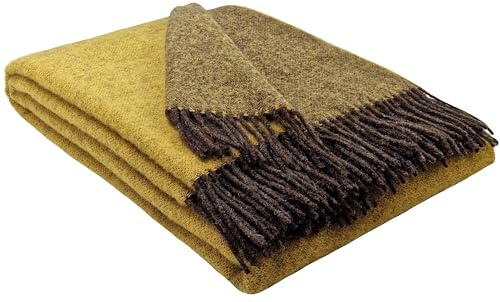 STTS International Wolldecke 100% Schurwolle Wohndecke in versch. Farben 140 x 200 cm Tagesdecke Schurwolldecke Woll-Plaid Tirol (Braun-Gelb (Double face), 140 x 200 cm)