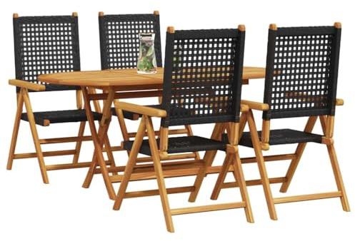 vidaXL 5-teiliges Loungeset für draußen - Schwarz, aus massivem Akazienholz und Poly-Rattan, mit klappbarem Tisch und Stühlen für Garten und Terrasse, ideal als Sitzgelegenheit oder Liegesessel.