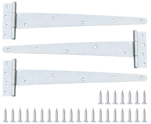 Heavy Duty T-Hinges 16 Inch (400mm) Tee Hinge for Wooden Door Gate, Silvery, 3 Pack, Matching Screws Included