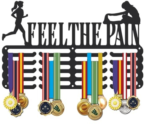 SUPERDANT Running Metal Medal Holder Feel The Pain Medals Display Hanger Rack Awards Ribbon Rack Organizer Wall Mount 5 Lines for Sports Club School Athlete Competition 40x25CM