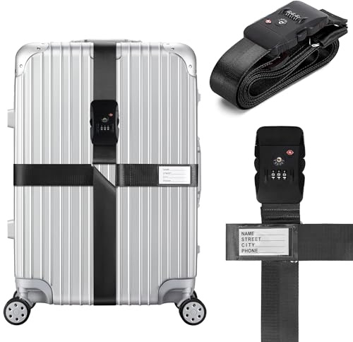 Linpr Sangles de Bagages Croisées, Sangle de Valise Élastiques Réglables, Sangles de Luggages avec Serrure TSA et Étiquette Nominative, Accessoires de Voyage Visibles et Sécurisés (Noir)