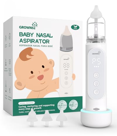 GROWNSY Nasal Aspirator for Baby, IPX7 Waterproof Electric Nose Sucker with Auto Cleaning, 5 Suction Levels, Elephant Silicone Tip, Wireless Charging Dock, Music & Night Light for Newborns