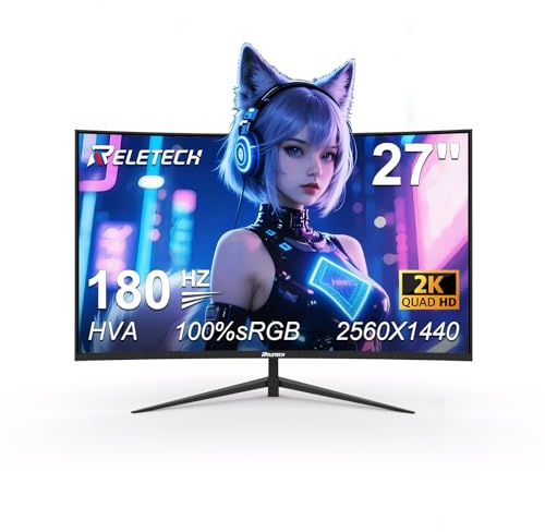 Reletech 27 Inch Curved Gaming Computer Monitor 2K QHD(2560x1440) 180Hz Monitor,1ms 1800R Display, FreeSync, 4000:1 Contrast Ratio,100% sRGB, HDMI 2.0 & DisplayPort 1.4 VESA Mount（G27X Flex Pro）