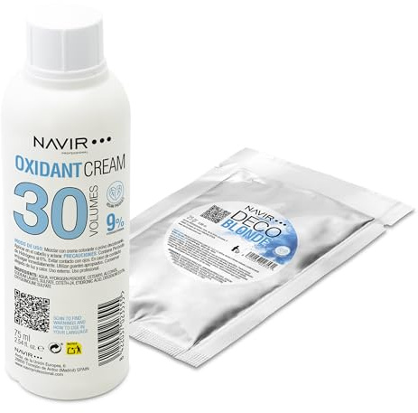 NAVIR Professional | Decolorationspaket för hår | Decoblonde blått blekningspulver upp till 7 toner med Keratin + Väteperoxid i kräm | Hår för kvinnor och män (Pulver 25g + Vatten 75ml 30 Vol)