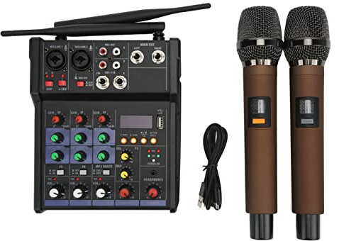 Marhynchus Metal Stereo Mixer 4-kanals DSP Digital Effector Dual L Band Equalizer USB MP3-spelare med 2 Trådlösa Mikrofoner för Hemmakaraoke Live Streaming-konferenser