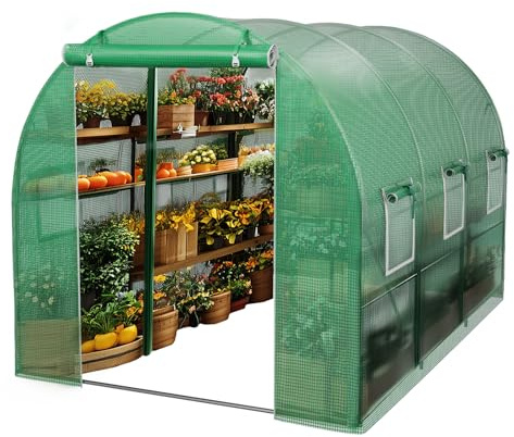 HomeMiYN Foliengewächshaus,mit Gitternetzfolie und Fernster für Garten zur Aufzucht,Gewächshaus für Tomaten Schrägdach, Grün 300 x 200 x 200cm Mehrweg,UV-beständige Folie Frühjahrsangebot Garten