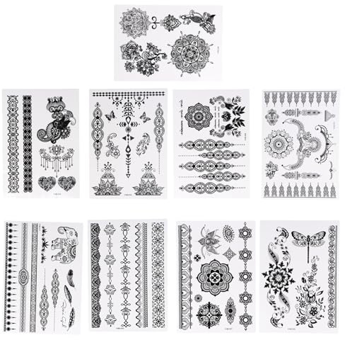 9 Feuilles Tatouage Temporaire Femme Noir Dentelle, Tatouage Éphémère Imperméable et Réaliste, Faux Tatouages Longue Durée pour Festival, Fête, Halloween, Accessoires de Maquillage Corps