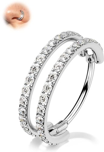 OUFER 20G Double Diamond Nose Ring Silver Hinged Nostril Piercing CZ, 316L Surgical Steel 7 mm Nose Jewellery for Women Daily Wear Lobe Cartilage Tragus Daith Earring