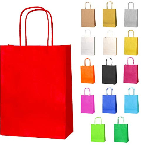 Thepaperbagstore 20 Rote Kleine Papiertüten mit Henkel 18 x 22 x 8 cm | Farbige, recycelbare Kraftpapiertüten für Süßigkeiten, Geschenke, Hochzeiten, Partys & Events.
