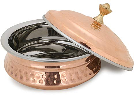 Zap Impex® Bol de arroz original de la India Handi (Dechki), acero inoxidable y cobre con tapa, 20 cm de diámetro