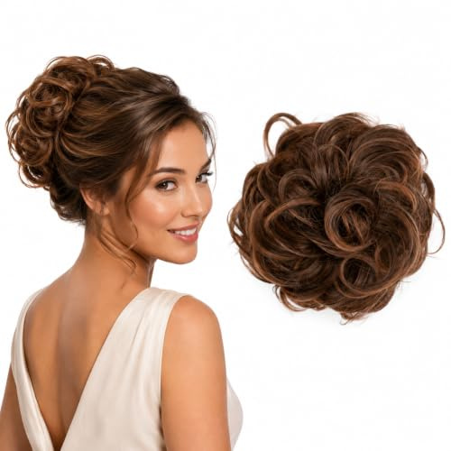 CAISHA Scrunchie Haarteil Haargummi Dutt Haarverdichtung Groß Emilia Gewellt Unordentlich DM15cm Braun Mix G23E