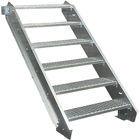 Srm-Design 6-stufige Stahltreppe, Breite 70 cm, Geschosshöhe 90-120 cm, Robust, Außentreppe, Wangentreppe, Stabile Industrietreppe, Witterungsbeständig, max. 7 m Höhe, 150 kg Traglast, Silber, Eisen