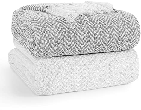 EHC PAIR Pack Chevron Cotton Throws for Sofa, Settees Chair Cover Blanket, 127 x 152cm (Pack of 2) - Ivory/Grey