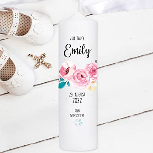 Cierge de baptême pour garçon ou fille - Fleurs roses - Arbre rose - Bougie blanche pour baptême, naissance et communion - Blanc - 25 x 7 cm - Avec nom, date - 25 x 7 cm