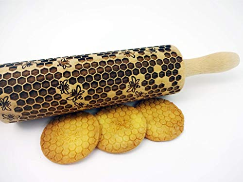 Mattarello Legno Goffrato FAVO | Mattarello Inciso | Rullo per Biscotti e per Modellare | Mattarello Decorativo per Biscotti di Algis Crafts