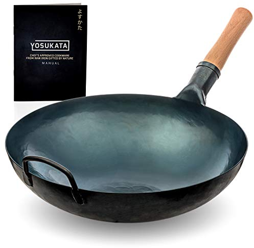 YOSUKATA Karbonstahl Woks & Wokpfannen (36 cm) -Voreingebrannter Wok Pfanne Carbonstahl Runder Boden - Traditionell Wok Für Gasherd - Kompatibel mit Gas, Offenem Feuer- Asiapfanne (blau)