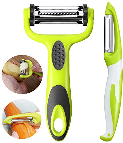 Aiqeer 2 Piezas Pelador de Vegetales Frutas, 3 en 1 Multifunción Pelador Rotativo y Pelador de Péndulo, con Cuchilla Giratoria de Acero Inoxidable y Mango Antideslizante (Verde)