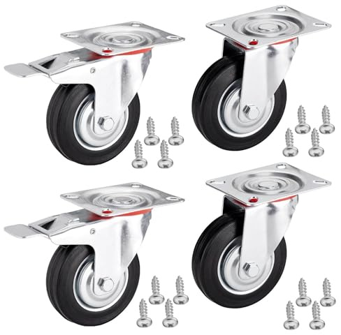 4er SET SOTECH Transportrollen RED Ø 75 mm 2x Lenkrollen Höhe 96 mm | 2x Lenkrollen mit Bremse Anschraubplatte 80 x 67 mm Traglast bis 280 Kg Lenkrolle