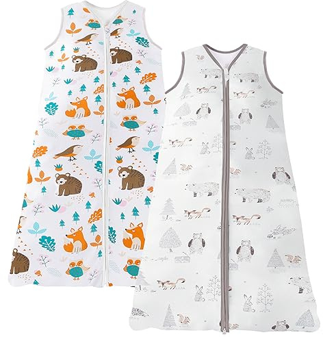Chilsuessy sommarsovsäck baby, sovsäck små barn, pyjamas utan ärmar för sommar och vår i 100 % bomull, grå skog + djungeldjur, 110/baby längd 110–125 cm