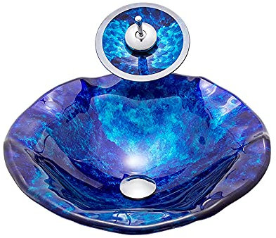 SHUGUANG Lavabo Vasque en Verre Trempé, Vasque à Poser en Verre Trempé Bleu Lavabo Lave-Mains, Lavabo Vasque a Poser avec Ensemble de Drainage, 470×470×120mm,Sink with Faucet
